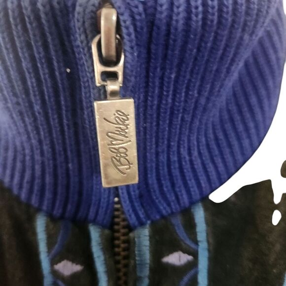 Bob Mackie Leather Jacket Womens XL Sweater Blue Black Embroidered Zip Vintage - Picture 3 of 9